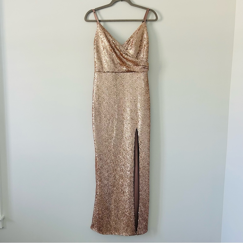 Revelry Rava Rose Gold Sequin Sleeveless V Neck Faux Wrap Maxi Gown Dress 8